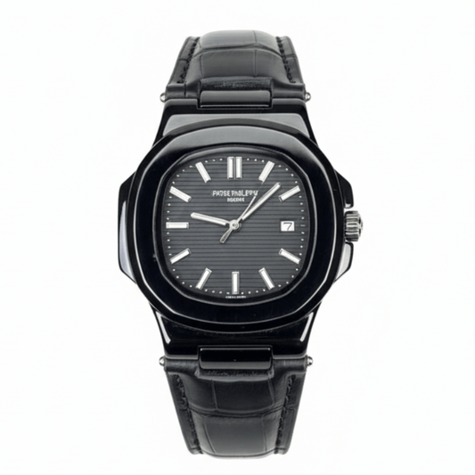 Patek Strap Watch – Black with Black Dial