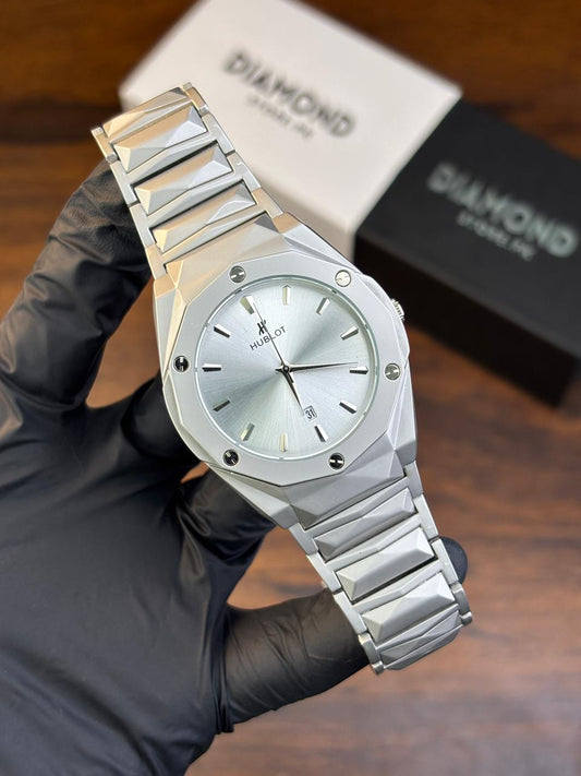 Hublot Watch  Diamond Cut  – Silver With White Dial