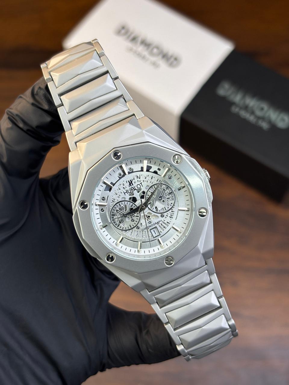 Hublot Watch  Diamond Cut  – Skeleton White Dial