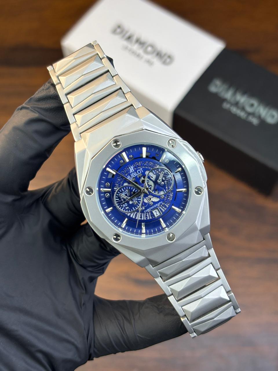 Hublot Watch  Diamond Cut  – Skeleton Blue Dial